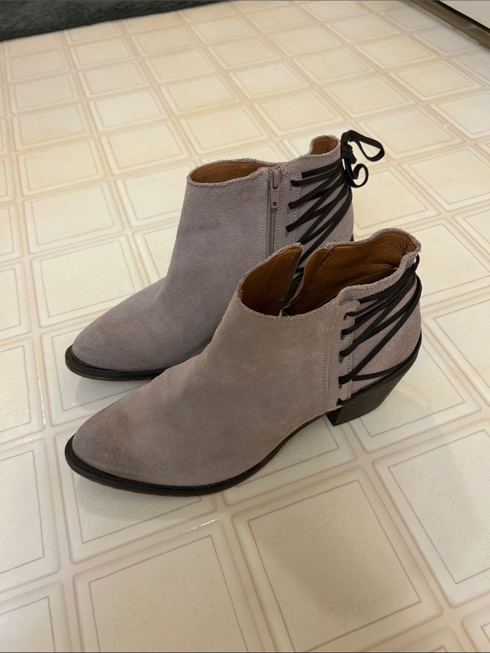 Women's Gray Suede Ankle Booties with Back Lace Detail
